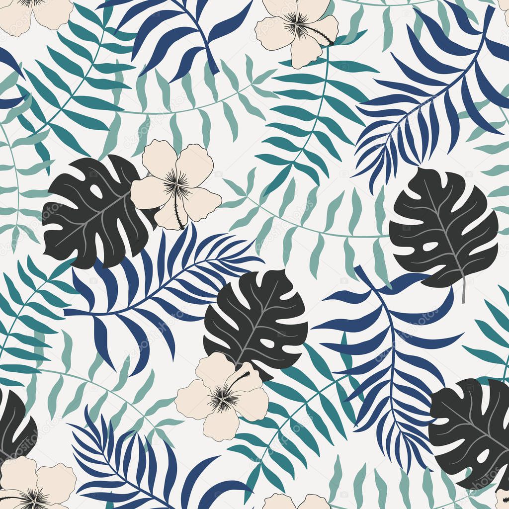 Tropical background with palm leaves and flowers. 