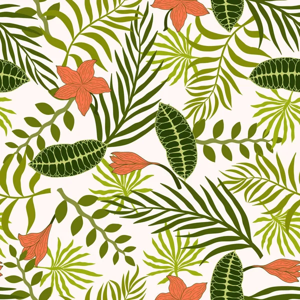 Tropischer Hintergrund mit Palmblättern und Blumen. — Stockvektor
