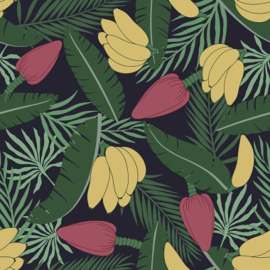 Palmiye yaprakları ve muz ile tropikal arka plan. 