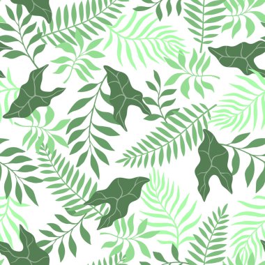 Palmiye yapraklı tropik bir arka plan. Kusursuz çiçek deseni. Yaz vektör illüstrasyonu. Düz orman izi