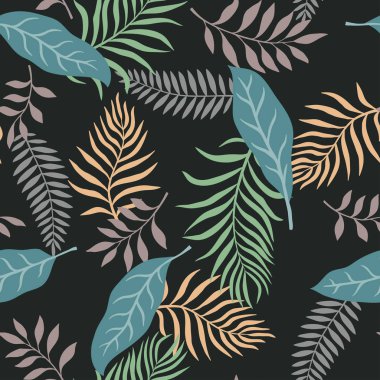 Palmiye yapraklı tropik bir arka plan. Kusursuz çiçek deseni. Yaz vektör illüstrasyonu. Düz orman izi