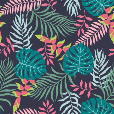 Palmiye yapraklı tropik bir arka plan. Kusursuz çiçek deseni. Yaz vektör illüstrasyonu. Düz orman izi
