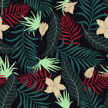 Palmiye yapraklı tropik bir arka plan. Kusursuz çiçek deseni. Yaz vektör illüstrasyonu. Düz orman izi