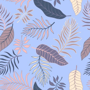 Palmiye yapraklı tropik bir arka plan. Kusursuz çiçek deseni. Yaz vektör illüstrasyonu. Düz orman izi