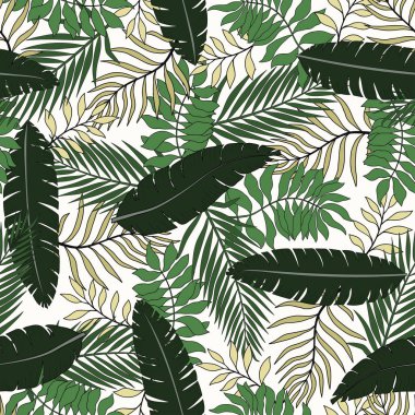 Palmiye yapraklı tropik bir arka plan. Kusursuz çiçek deseni. Yaz vektör illüstrasyonu. Düz orman izi