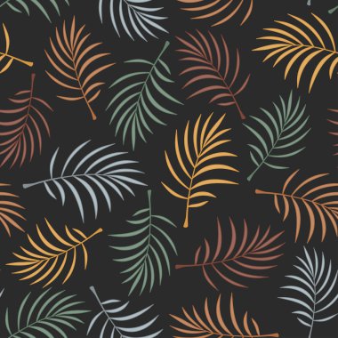 Palmiye yapraklı tropik bir arka plan. Kusursuz çiçek deseni. Yaz vektör illüstrasyonu. Düz orman izi