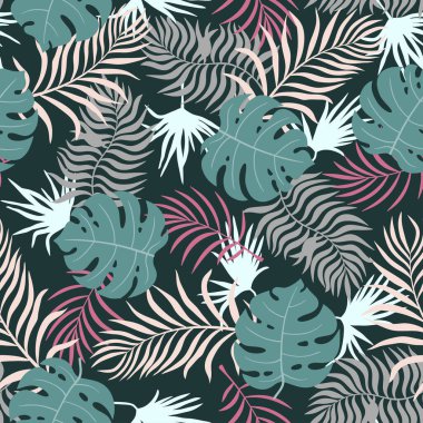 Palmiye yapraklı tropik bir arka plan. Kusursuz çiçek deseni. Yaz vektör illüstrasyonu. Düz orman izi