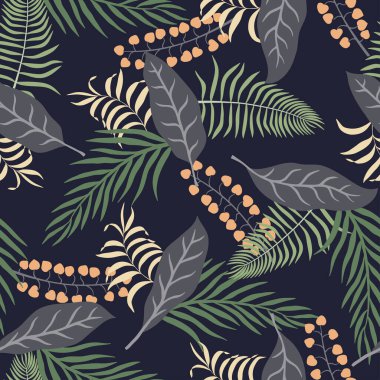 Palmiye yapraklı tropik bir arka plan. Kusursuz çiçek deseni. Yaz vektör illüstrasyonu. Düz orman izi