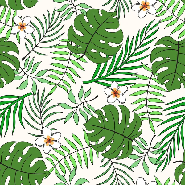 Tropischer Hintergrund Mit Palmblättern Und Plumeria Blüten Nahtloses Blumenmuster Sommer — Stockvektor