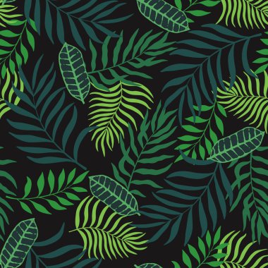 Palmiye yapraklı tropik bir arka plan. Kusursuz çiçek deseni. Yaz vektör illüstrasyonu. Düz orman izi
