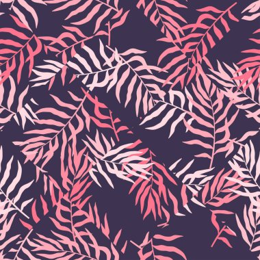 Palmiye yapraklı tropik bir arka plan. Kusursuz çiçek deseni. Yaz vektör illüstrasyonu. Düz orman izi