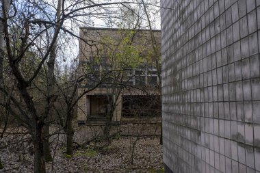 Çernobil pripyat terk edilmiş yabani bitki örtüsü olan terk edilmiş binalar