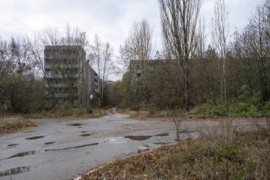 Çernobil pripyat terk edilmiş yabani bitki örtüsü olan terk edilmiş binalar
