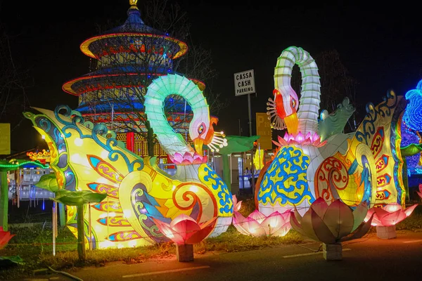 照明装飾中国紙と金属伝統的な提灯の白鳥 — ストック写真