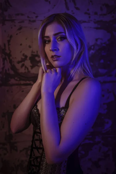 Beautiful Girl Portrait Blonde Dark Eyes Colored Lights — Stock Photo, Image