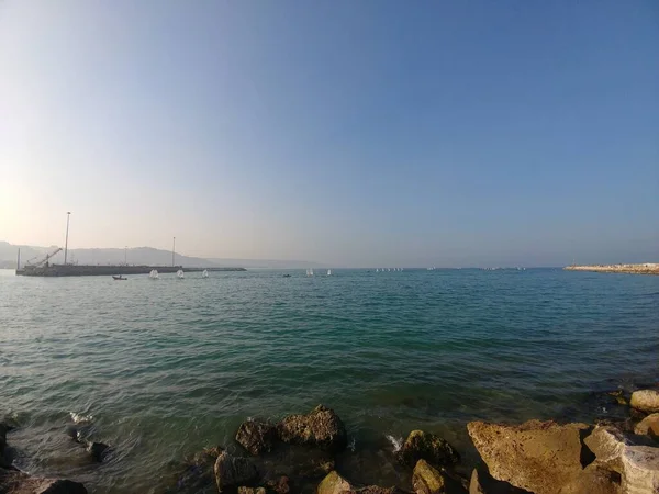 Klif Port Morski Sycylii Palermo Słoneczny Dzień — Zdjęcie stockowe