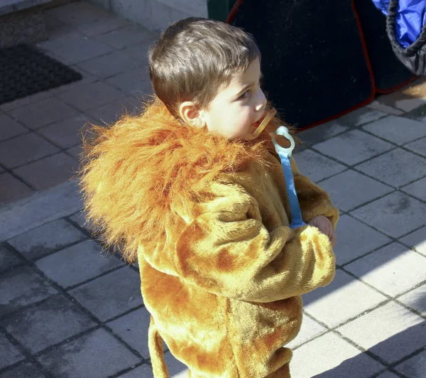 Hermoso niño italiano en el carnaval con traje de león con confeti y melena —  Fotos de Stock