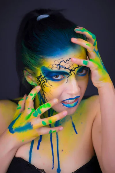 Color Face Paiting Bodypainting Model Demons Blue Yelllow Green — Stock Photo, Image