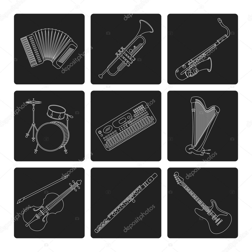 Vector thin line icons with different music instruments synthesizer, drums, accordion, violin, trumpet, harp, drum saxophone electric guitar flute piano