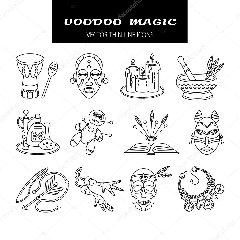 Voodoo African and American magic vector line icons. Voodoo doll, skull, chicken foot, necklace, poison, candles, drums, book a machete