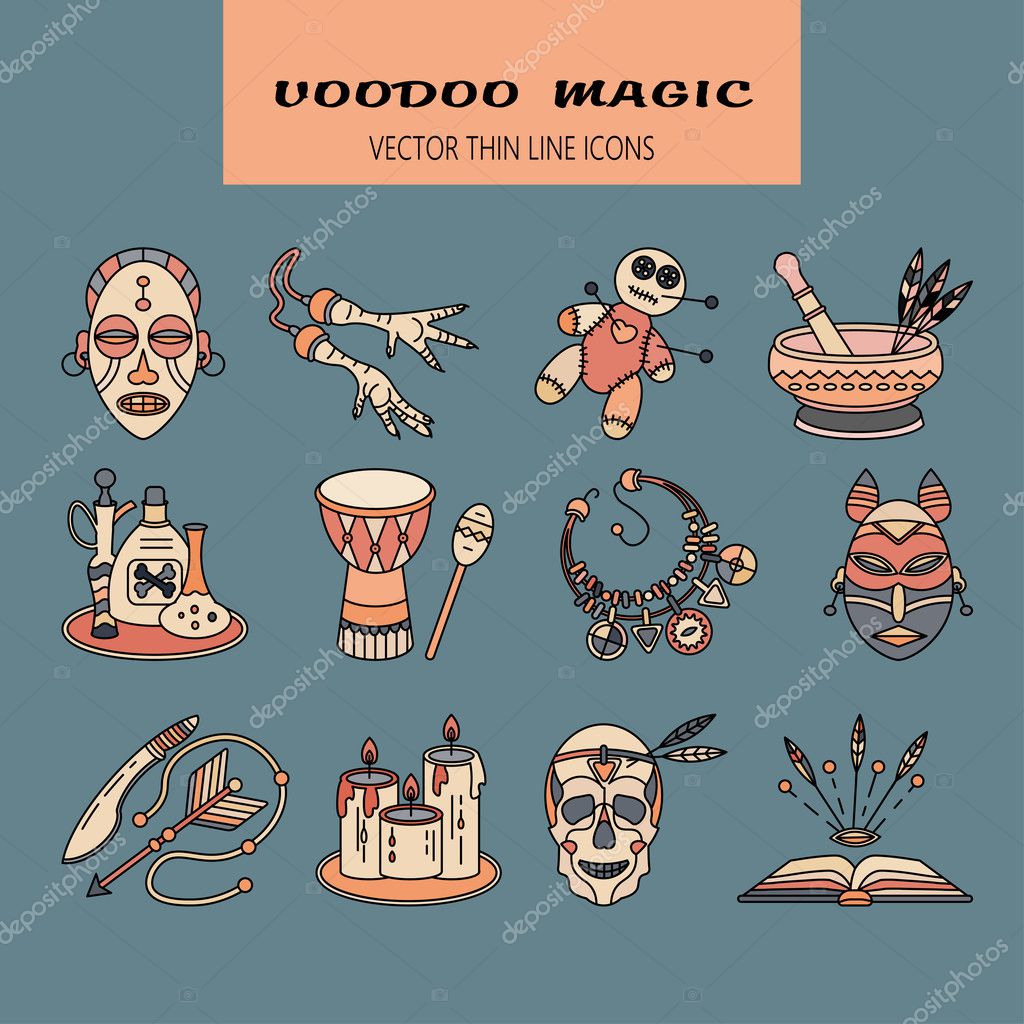 Voodoo African and American magic vector logo. Color line icons of voodoo doll, skull, chicken foot, necklace, poison, candles, drums, book a machete.