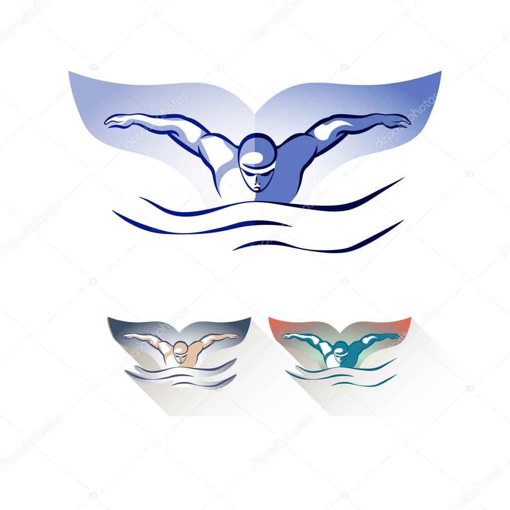 Modern Vector Abstract Swimming Logo. Pool logo set. Whale tail and swimmer concept design. Vintage colors.