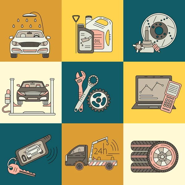 Vector tunn linje pictogram symboler för bilservice . — Stock vektor