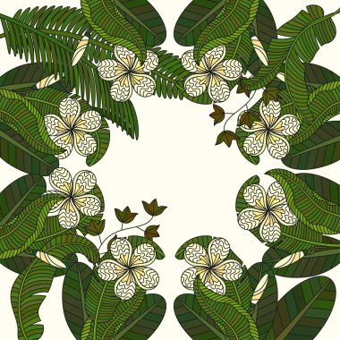 Tropikal çiçeklerle yuvarlak vektör süsleme.