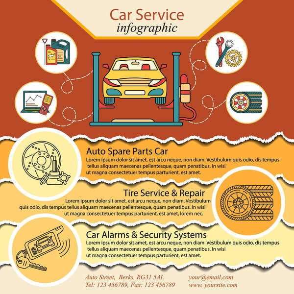 Car repair infographics. Cat service and Tire infographic.