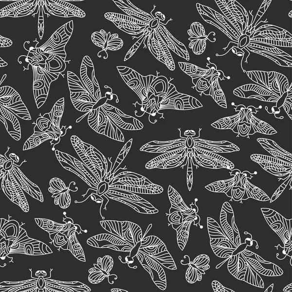 Бесшовный векторный рисунок руки с фантазией бабочек, стрекоз, жуков, жуков и мотыльков . — стоковый вектор