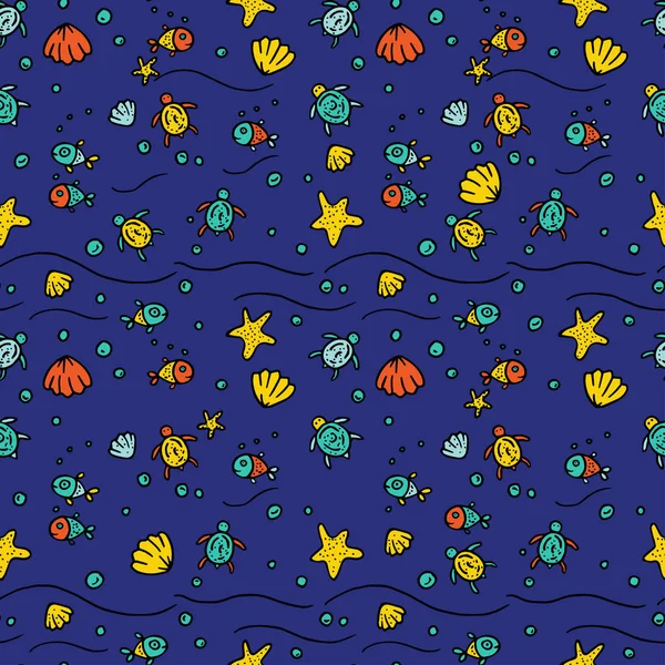 Patrón sin costura de mar vectorial con estrellas de mar dibujadas a mano, peces, conchas, tortugas marinas . — Vector de stock