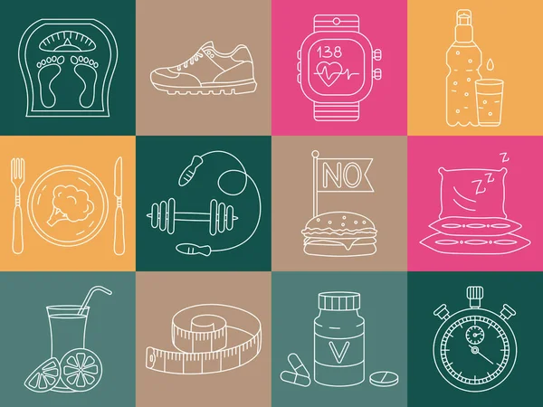 减肥，饮食图标设置。健身和健康的集合. — 图库矢量图片