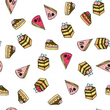 Doodle tatlı kek ile sorunsuz vektör desen.