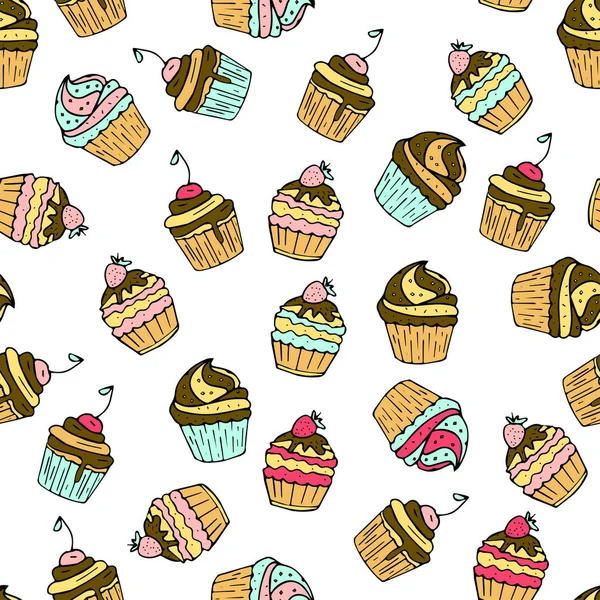 Seamless vector pattern with doodle sweet cakes. — Stock Vector