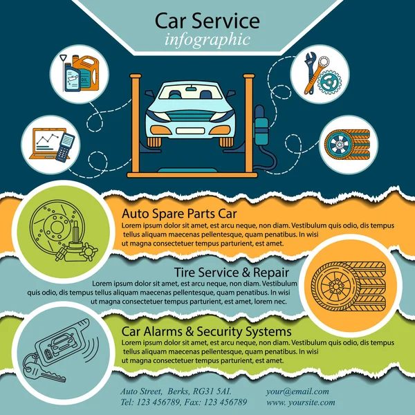 Auto opravy infografiky. Kočičí služby a pneumatiky infografika. — Stockový vektor