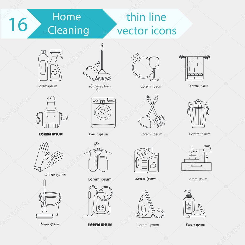 House cleaning thin line vector icon set. For cleaning companies, laundries and dry cleaners service.