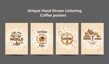 Dört kahve Handdrawn yazı posterler kümesi.