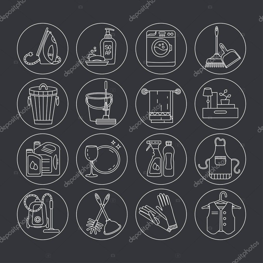 House cleaning thin line vector icon set. For cleaning companies, laundries and dry cleaners service.
