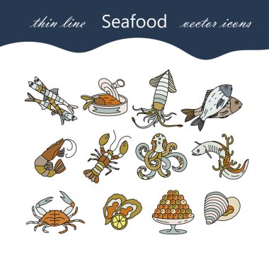 Deniz ürünleri ince çizgi vektör Icons set.