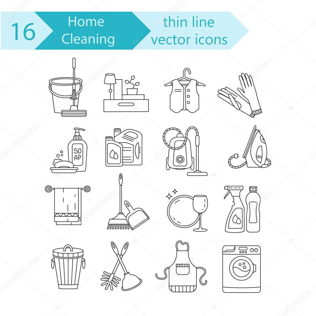 House cleaning thin line vector icon set. For cleaning companies, laundries and dry cleaners service.