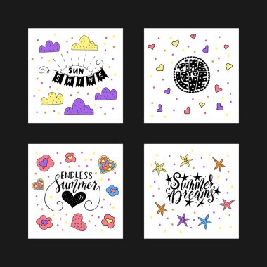 Koleksiyon el ile vektör kartların yaz tırnak çizilmiş. Mürekkep ve fırça kalemi ile el yazısı.