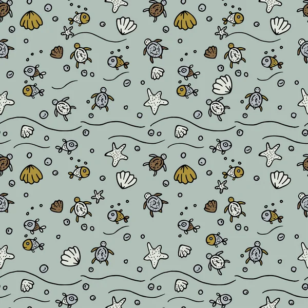 Vektor Meer nahtlose Muster mit handgezeichneten Seesterne, Fische, Muscheln, Meeresschildkröten. — Stockvektor
