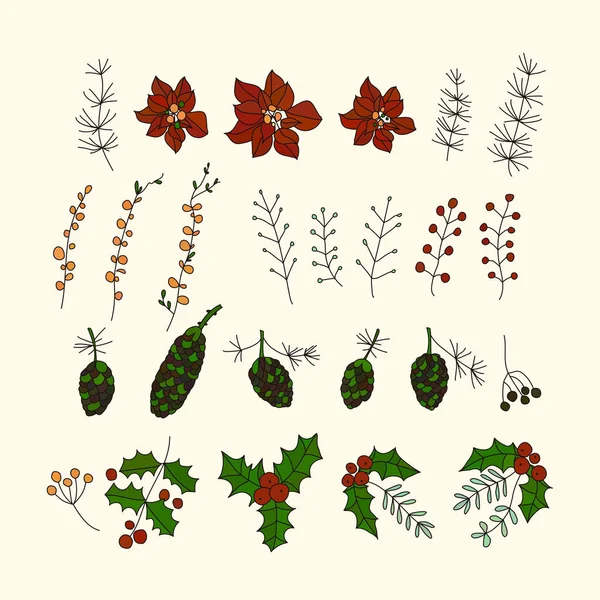 Set of 25 Christmas botanical symbols. Thin line vector icons. Xmas outline illustrations. — Stock Vector