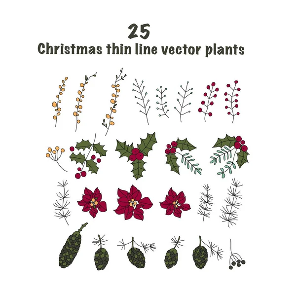 25 クリスマスの植物のシンボルのセットです。細い線のベクトルのアイコン。クリスマス概要イラスト. — ストックベクタ