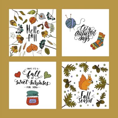 Tipografi yazı fırça ile sonbahar kartları.
