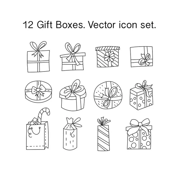 Cajas de regalo con cintas en varias formas. símbolos de Navidad . — Vector de stock