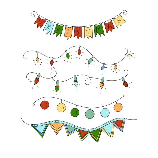 Vektör simgesi Noel çelenk ince çizgi renk sembollerle seti
