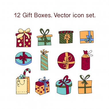 Basit hediyeler vektör ince çizgi simgeler kümesi. Hediye kutuları çeşitli şekillerde şeritler.