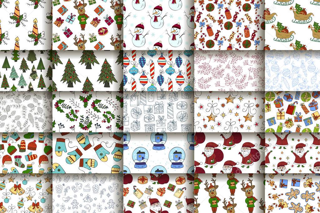 Set of 25 handdrawn Christmas seamless pattern.