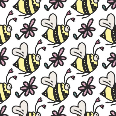 Sevimli küçük arılar, Kalpler ve çiçekler ile vektör seamless modeli.